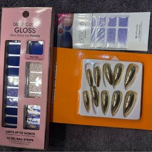 Nail lot Press on set and color strips Gold and Purple Nails. New